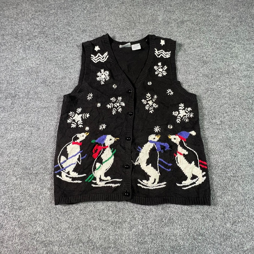 Vintage Capacity Ugly Christmas Sweater Vest Womens Medium Black Penguins Skiing